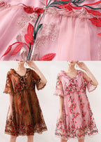Natural Pink Embroidery Lace Bow Summer Dress