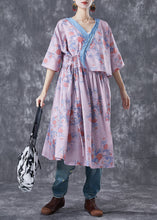 Load image into Gallery viewer, Natural Pink V Neck Patchwork Print Linen Robe Dresses Summer