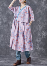 Load image into Gallery viewer, Natural Pink V Neck Patchwork Print Linen Robe Dresses Summer