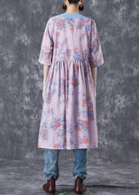 Load image into Gallery viewer, Natural Pink V Neck Patchwork Print Linen Robe Dresses Summer