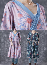 Load image into Gallery viewer, Natural Pink V Neck Patchwork Print Linen Robe Dresses Summer