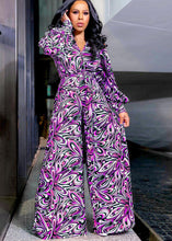 Load image into Gallery viewer, Natural Purple V Neck Print Tie Waist Jumpsuit Long Sleeve