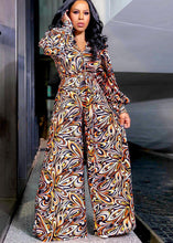 Load image into Gallery viewer, Natural Purple V Neck Print Tie Waist Jumpsuit Long Sleeve