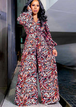 Load image into Gallery viewer, Natural Purple V Neck Print Tie Waist Jumpsuit Long Sleeve