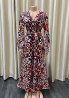 Natural Purple V Neck Print Tie Waist Jumpsuit Long Sleeve