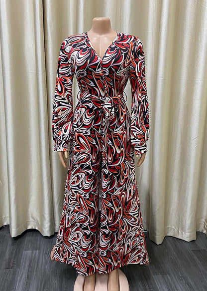 Natural Purple V Neck Print Tie Waist Jumpsuit Long Sleeve