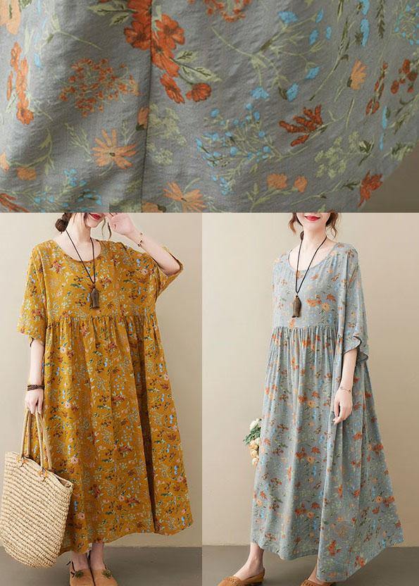 Natural Yellow O-Neck Pockets Print Summer Sundress