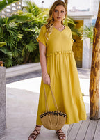Natural Yellow V Neck Ruffled Patchwork Chiffon Long Dresses Short Sleeve
