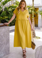 Natural Yellow V Neck Ruffled Patchwork Chiffon Long Dresses Short Sleeve