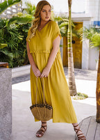 Natural Yellow V Neck Ruffled Patchwork Chiffon Long Dresses Short Sleeve
