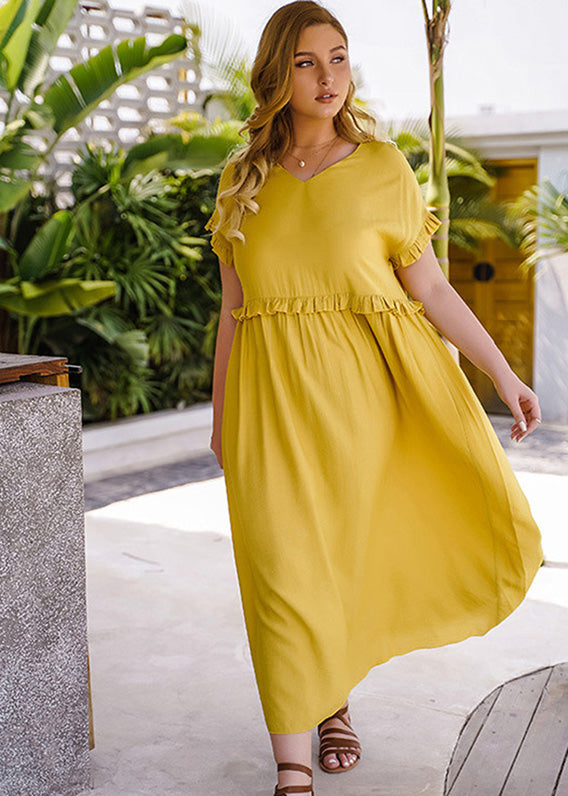Natural Yellow V Neck Ruffled Patchwork Chiffon Long Dresses Short Sleeve