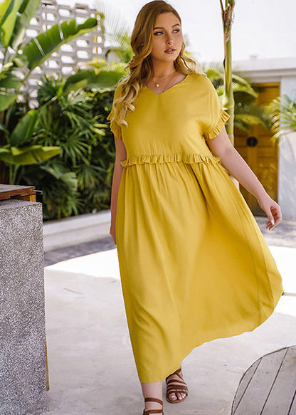 Natural Yellow V Neck Ruffled Patchwork Chiffon Long Dresses Short Sleeve