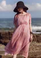 Natural pink cotton quilting clothes short sleeve loose summer Dress