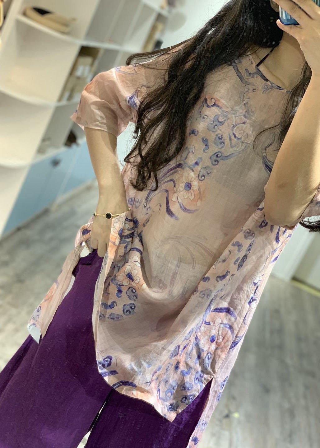 Natural pink prints linen top silhouette low high design short summer shirt