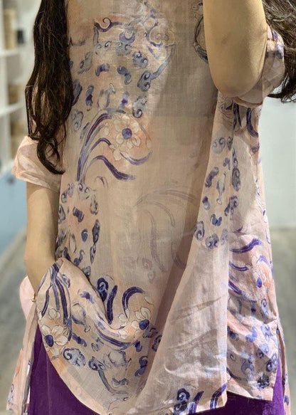Natural pink prints linen top silhouette low high design short summer shirt