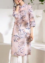 Load image into Gallery viewer, Natural stand collar Chinese Button linen summer dresses Work Outfits pink print Dress