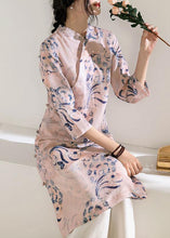 Load image into Gallery viewer, Natural stand collar Chinese Button linen summer dresses Work Outfits pink print Dress