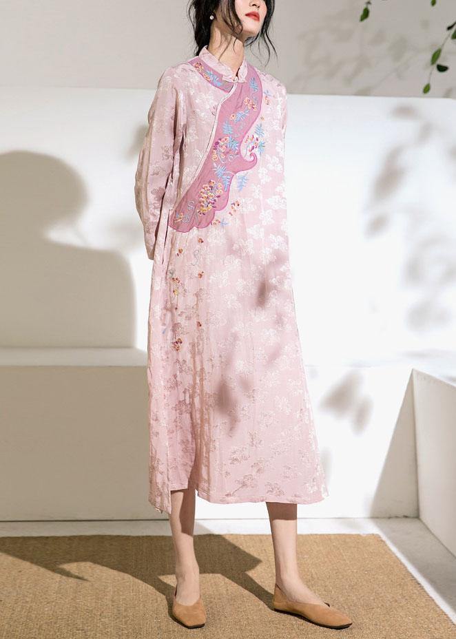 Natural stand collar embroidery linen dresses Fashion Ideas pink Dresses