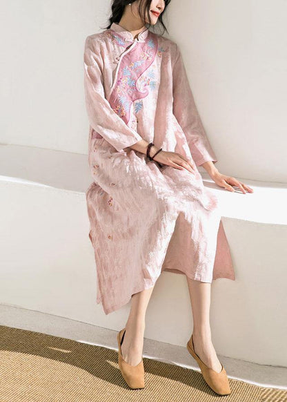 Natural stand collar embroidery linen dresses Fashion Ideas pink Dresses