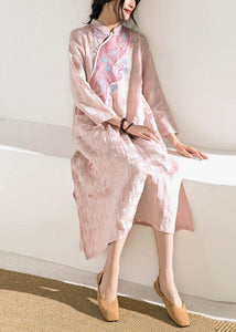 Natural stand collar embroidery linen dresses Fashion Ideas pink Dresses