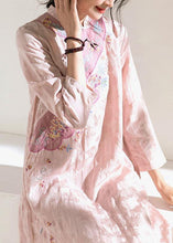 Load image into Gallery viewer, Natural stand collar embroidery linen dresses Fashion Ideas pink Dresses