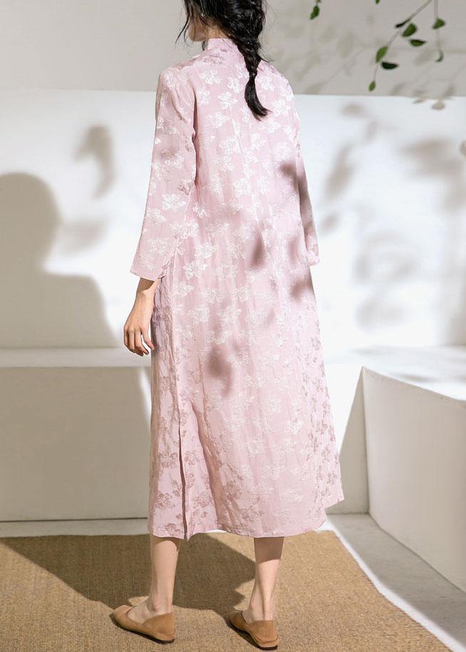 Natural stand collar embroidery linen dresses Fashion Ideas pink Dresses