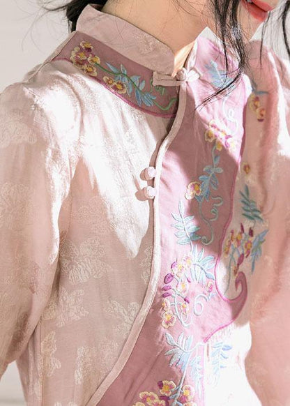 Natural stand collar embroidery linen dresses Fashion Ideas pink Dresses