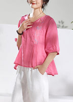 Natural v neck half sleeve linen summerclothes For Women pink print blouse