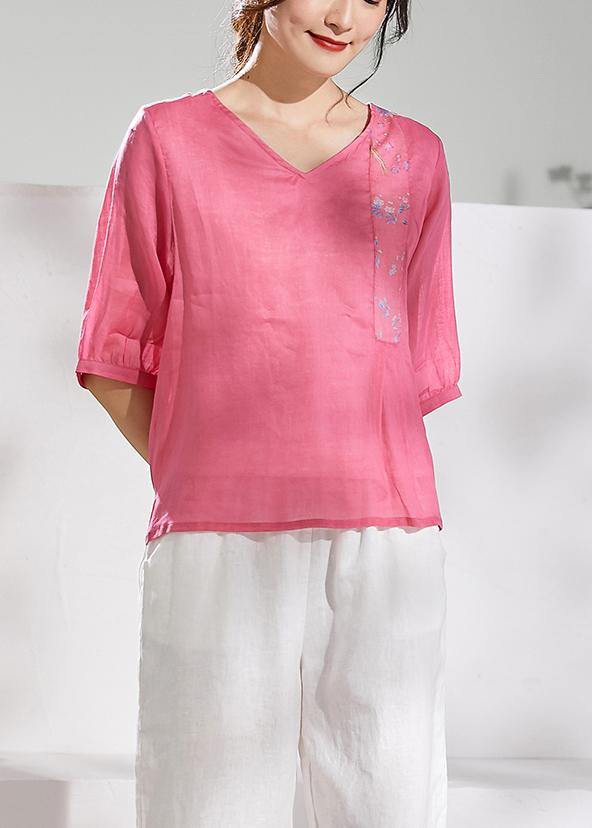 Natural v neck half sleeve linen summerclothes For Women pink print blouse