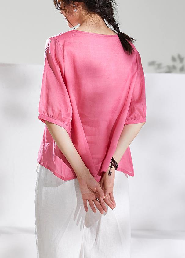 Natural v neck half sleeve linen summerclothes For Women pink print blouse