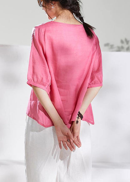 Natural v neck half sleeve linen summerclothes For Women pink print blouse