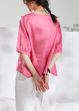 Load image into Gallery viewer, Natural v neck half sleeve linen summerclothes For Women pink print blouse