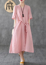 Load image into Gallery viewer, Natural v neck tunic linen dresses Fashion Ideas pink Dress summer