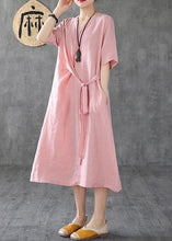 Load image into Gallery viewer, Natural v neck tunic linen dresses Fashion Ideas pink Dress summer
