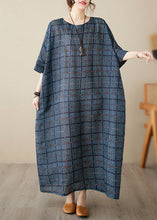 Load image into Gallery viewer, Navy Blue O-Neck Plaid Maxi Dress Short Sleeve