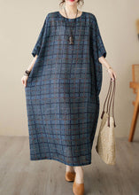 Load image into Gallery viewer, Navy Blue O-Neck Plaid Maxi Dress Short Sleeve