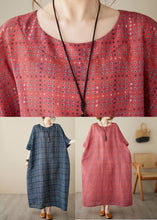 Load image into Gallery viewer, Navy Blue O-Neck Plaid Maxi Dress Short Sleeve
