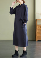 Navy Button Pockets Cotton Long Dresses Spring