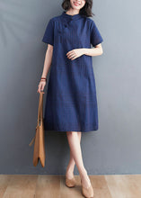 Load image into Gallery viewer, Navy Patchwork Cotton Dress Stand Collar Chinese Button Summer