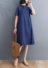 Load image into Gallery viewer, Navy Patchwork Cotton Dress Stand Collar Chinese Button Summer