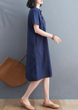 Load image into Gallery viewer, Navy Patchwork Cotton Dress Stand Collar Chinese Button Summer