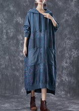 Load image into Gallery viewer, Navy Patchwork Cotton Sweatshirts Dress Hooded Pockets Fall