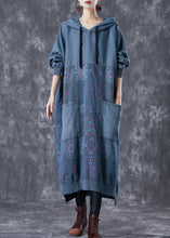 Load image into Gallery viewer, Navy Patchwork Cotton Sweatshirts Dress Hooded Pockets Fall