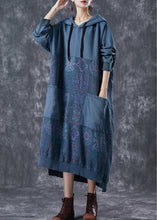 Load image into Gallery viewer, Navy Patchwork Cotton Sweatshirts Dress Hooded Pockets Fall