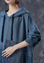 Load image into Gallery viewer, Navy Patchwork Cotton Sweatshirts Dress Hooded Pockets Fall