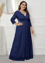 Load image into Gallery viewer, Navy Patchwork Loose Lace Party Dress V Neck Wrinkled Fall