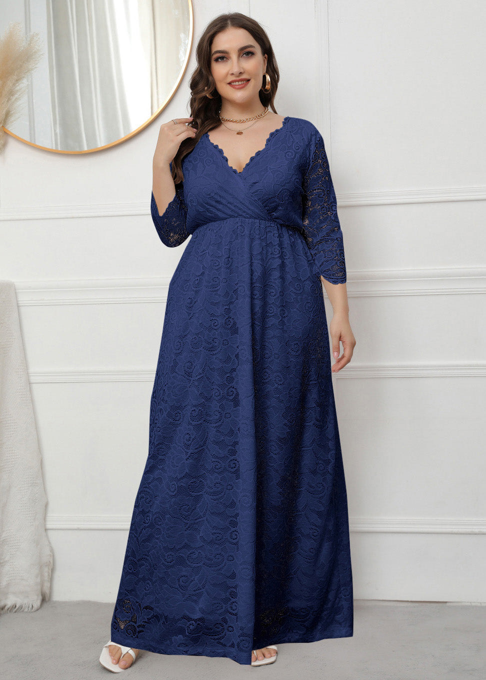 Navy Patchwork Loose Lace Party Dress V Neck Wrinkled Fall