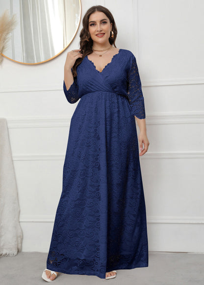 Navy Patchwork Loose Lace Party Dress V Neck Wrinkled Fall