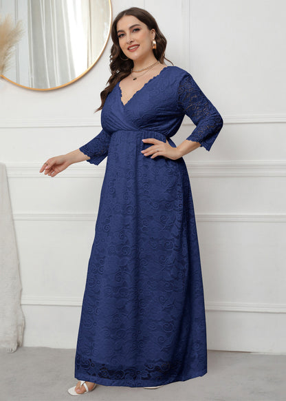 Navy Patchwork Loose Lace Party Dress V Neck Wrinkled Fall