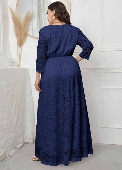 Navy Patchwork Loose Lace Party Dress V Neck Wrinkled Fall